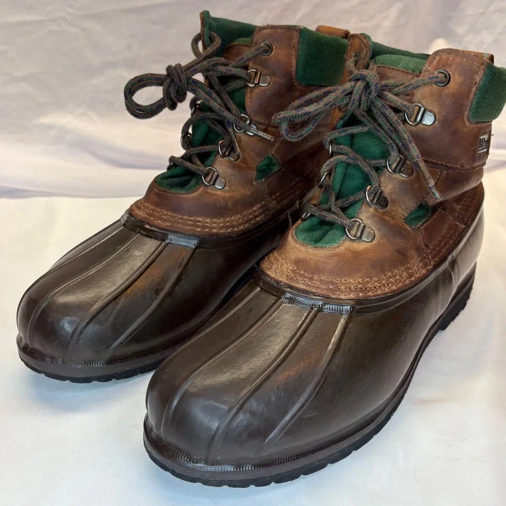 VTG LL Bean Duck Boots Mens 11 Leather‎ Green Canvas Waterproof Rain Snow Boot